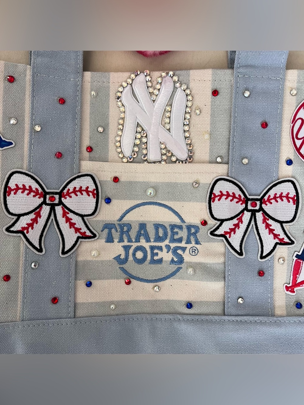 Custom Trader Joe’s Striped Mini Canvas Tote Bag Baseball Blue New York Yankees